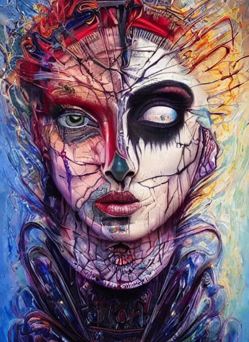 Image similar to incredible magic cult psychic woman, symmetrical painted face, third eye, energetic consciousness psychedelic, epic surrealism expressionism symbolism, story telling, iconic, dark robed, oil painting, layers on layers on layers, dark myth mythos, by Sandra Chevrier , Bruce Pennington, masterpiece