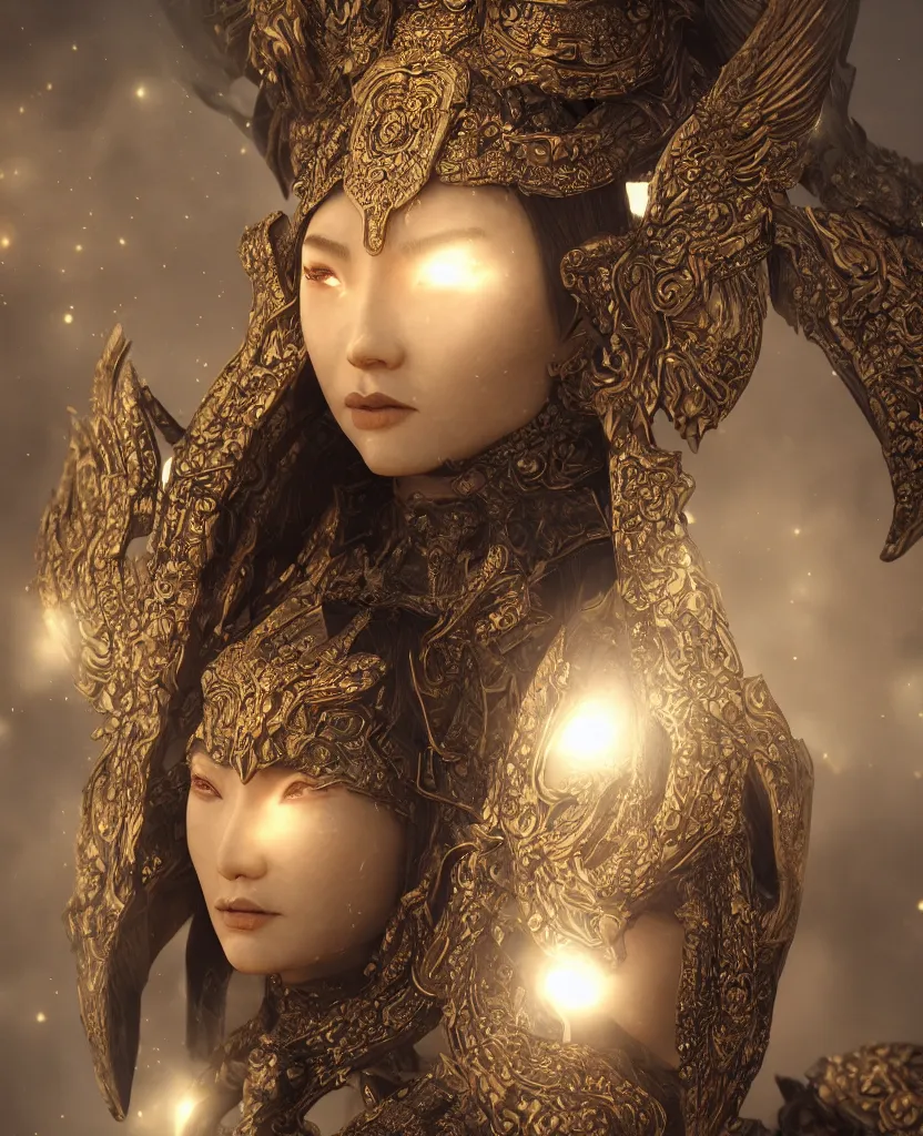 Image similar to ancient mongolian evil goddess portrait. burning magical halo. cinematic light. rendered in octane render. trending on artstation and cgsociety. depth of field. intricate ornaments