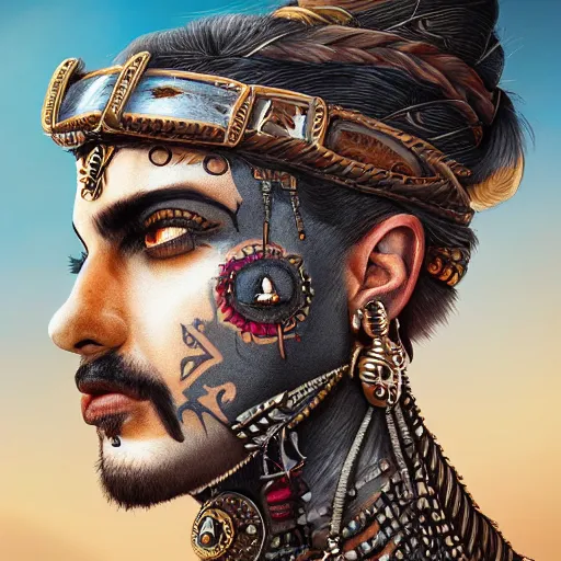 Prompt: a detailed portrait of desert warrior with face tattoos, fantasy art illustration, incredibly highly detailed and realistic, 8 k, sharp focus