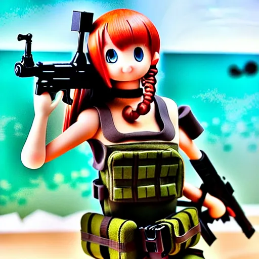 Image similar to Extremely Detailed and Full Portrait scene of Gooey Ocean scene in ink and refined sand, Red head pigtail anime woman with Military gear. Wearing a Army vest full body smiling while eating a sloppy cheese burger. The cheeseburger is leaking red sauce all over the beach by Akihito Yoshitomi AND Yoji Shinkawa AND Greg Rutkowski, Mark Arian trending on artstation