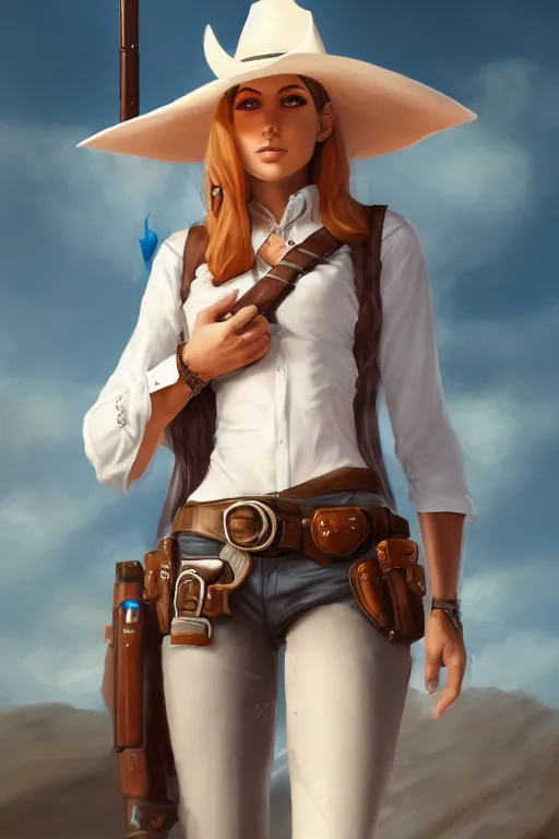 Image similar to full body, female cowgirl, perfect face, white blouse, empty gun holster, 8 k, magic the gathering, desert, d & d, artstation, high detail, smooth, muscular