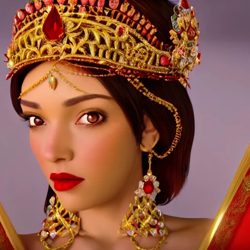 Image similar to portrait of beatiful princess of ruby with fair skin, adorned with jewels, ornate 8 k gorgeous intricate detailed, accent lighting, dramatic light, octane render