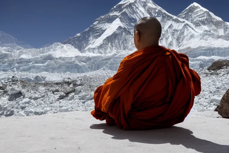 Prompt: cinematography a monk meditating in front of Mount Everest by Emmanuel Lubezki