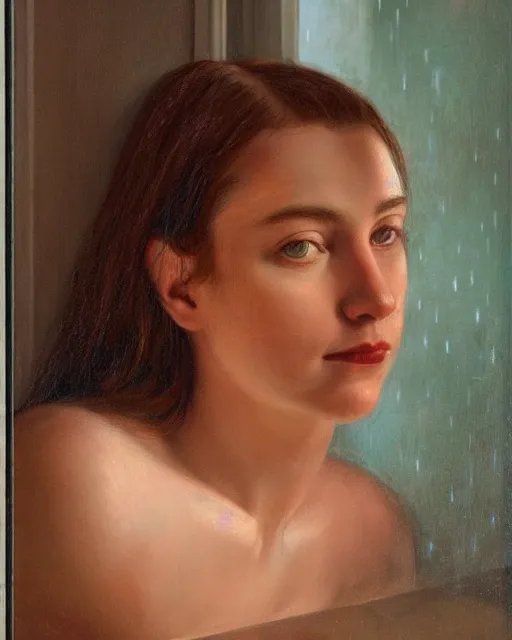 Prompt: Alba Baptista looking out the kitchen window at night, moonlight, light streaks, detailed face, by Kenne Gregoire