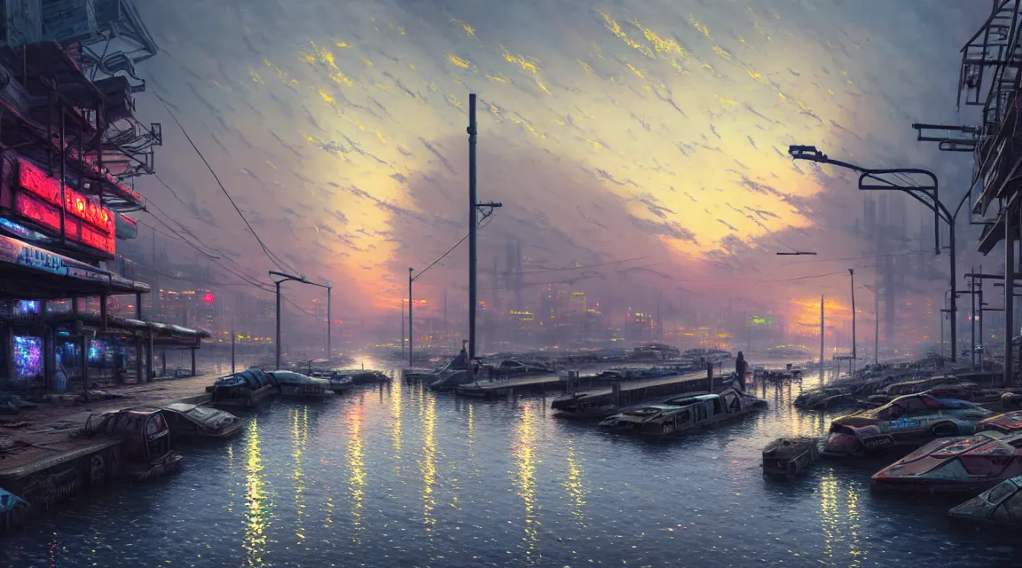 Prompt: post apocalyptic docks, building, boats, avenue, urban architecture, americana architecture, concrete architecture, paved roads, by thomas kinkade trending on artstation, photorealistic, wild vegetation, hyper detailed, hyper realistic neon cyberpunk blade runner mist