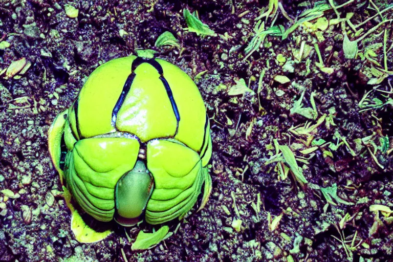 Image similar to a photo of a giant mutant dungbeetle lemon in its natural habitat, kodak ektachrome e 1 0 0 photography