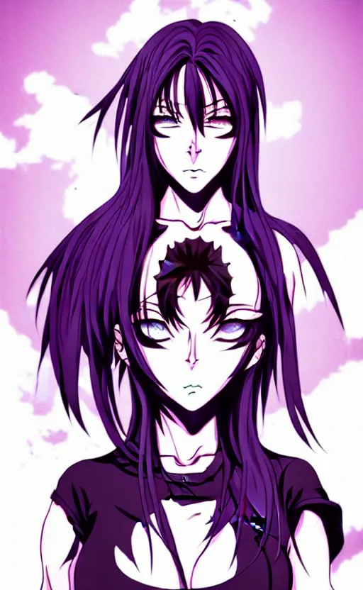 Image similar to style of madhouse studio anime, black lagoon manga, loish, artgerm, comic art, portrait of revy from black lagoon, symmetrical eyes and symmetrical face, jean shorts, white tank top, purple hair, sarcastic evil smirk on face, sky and ocean background