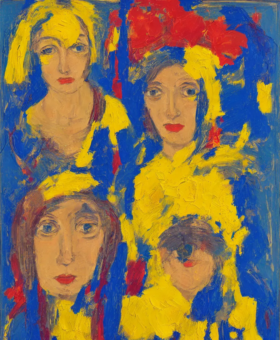 Image similar to portrait of a priestess with flowers in her hair and a candle in her hand, yellow and blue ribbons, expressive abstractionism, many small saturated hard relief strokes of oil on canvas with high detail