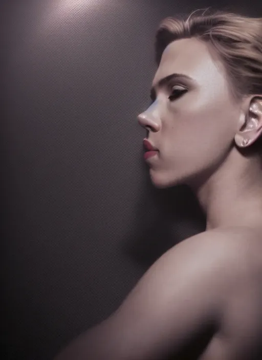 Image similar to scarlett johansson kissing the camera real photo, photoshooting, studio light, black background, intricate, epic lighting, cinematic composition, hyper realistic, 8k resolution, unreal engine 5