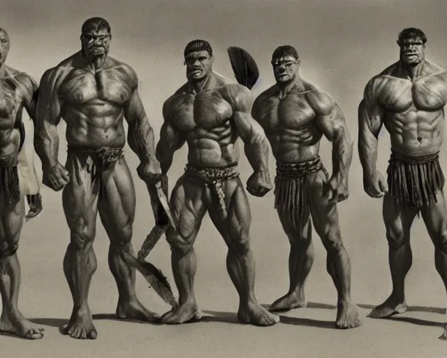 Image similar to hyper realistic group vintage photograph of an orc warrior tribe, tall, muscular, hulk like physique, tribal paint, tribal armor, grain, old