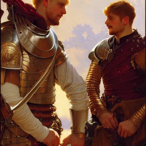 Image similar to attractive arthur pendragon and his attractive male knight, they are in love, natural lighting, path traced, highly detailed, high quality, digital painting, by gaston bussiere, craig mullins, alphonse mucha j. c. leyendecker