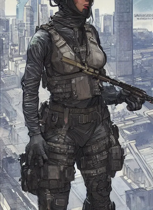 Prompt: Dinah. USN special forces operator looking at city skyline. Futuristic stealth suit. mgs and rb6s Concept art by James Gurney, Alphonso Mucha, matt rhodes.