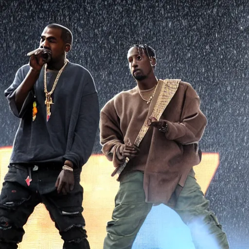 Image similar to Kanye west and Travis Scott performing while raining at plaza de bolivar in armenia quindio