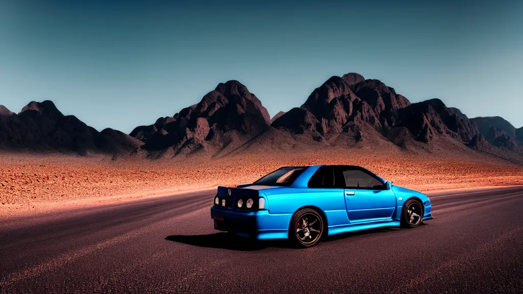 Image similar to three quarter front photo of a stock dark grey nissan r 3 2 skyline gtr on a road in a desert with a mountain in the background in the early morning, car photography, depth of field, zoom lens, blue hour, photorealistic