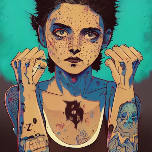 Prompt: Highly detailed portrait of a punk zombie latino young lady with freckles by Atey Ghailan, by Loish, by Bryan Lee O'Malley, by Cliff Chiang, inspired by iZombie, inspired by graphic novel cover art !!!electric blue, brown, black, yellow and white color scheme ((grafitti tag brick wall background))