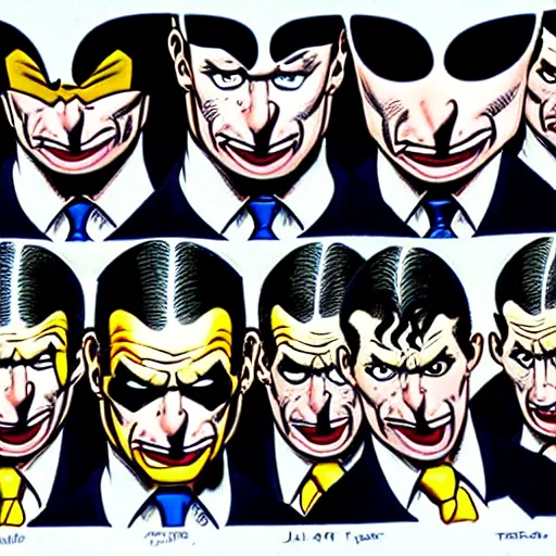 Prompt: drawing of 1 4 tiny jokers all in the mouth of gotham city's finest investigative reporter jack ryder, 4 k art by brian bolland, graphic novel art