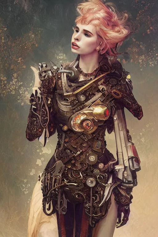Prompt: emma roberts a baroque steampunk, augmented cyborg, half body, d & d, fantasy, intricate, elegant, highly detailed, colorful, vivid color, digital painting, artstation, concept art, art by artgerm and greg rutkowski and alphonse mucha and ruan jia