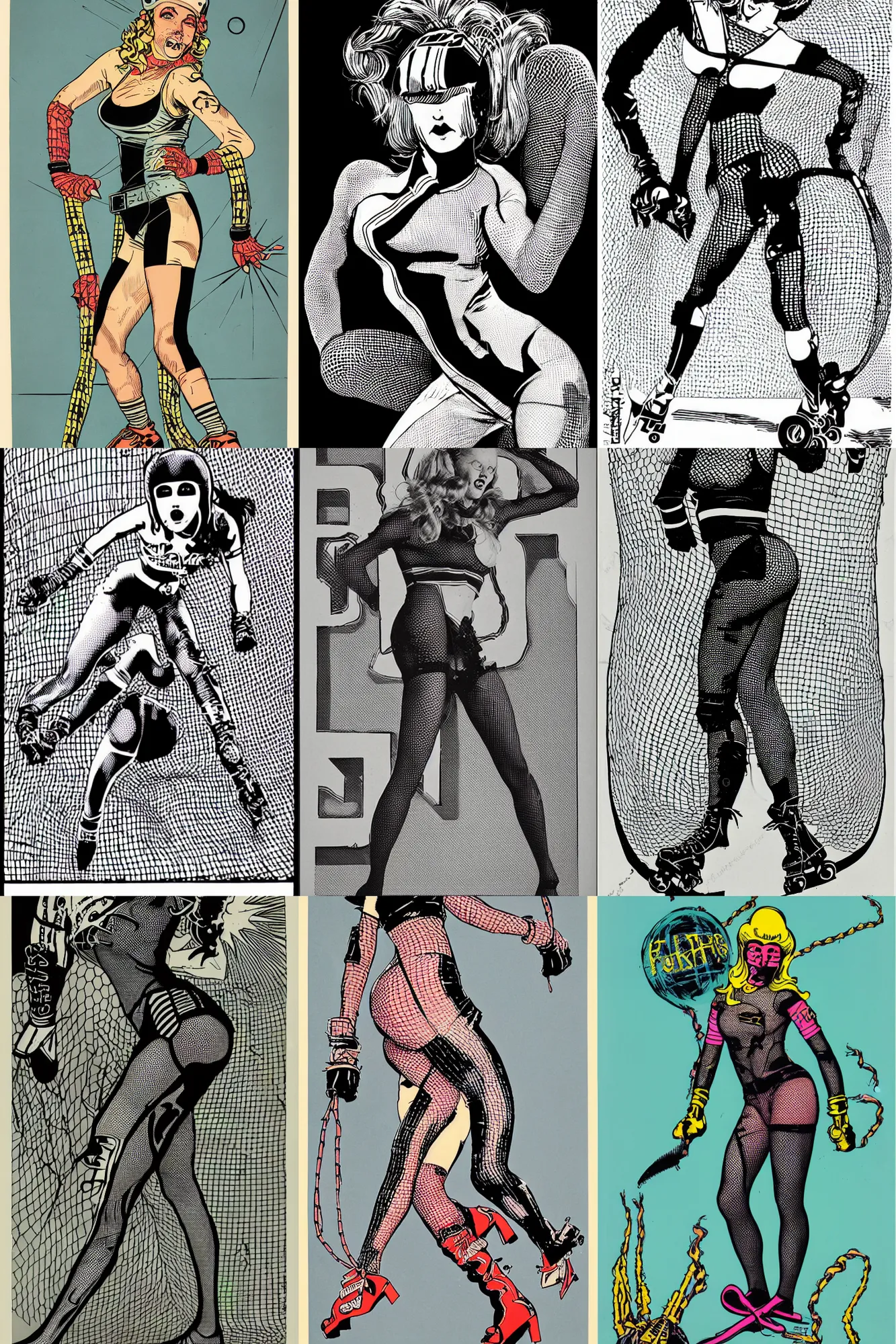 Prompt: roller derby girl sprinting Cross-Over, full length portait, fishnet tights, torn, ripped, logo design by Philippe Caza, 1960s