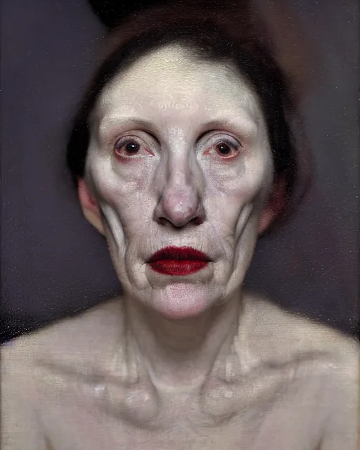 Prompt: a close up portrait a very ordinary underweight middle - aged woman with an blank expression, by joel peter witkin and sarah moon, very pale translucent skin, very blurry, foggy, oil painting, photorealistic, anatomically correct, beautiful perfect face, visible brushstrokes, sharp focus, highly detailed, cinematic lighting, 8 k, hd