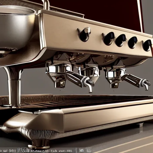 Image similar to Art Deco architecture espresso machine in a Norman Rockwell world, 8K HD octane render