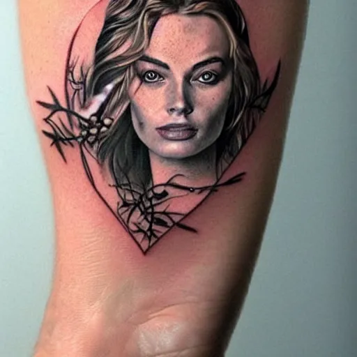 Prompt: realism tattoo design of margot robbie and nature mash up, in the style of arlo dicristina, amazing detail, face morph