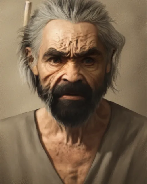 Image similar to Charles Manson as Odin, oil on canvas, artstation, highly detailed portrait by Joseph Karl Stieler and Théodore Gericault and Eugène Delacroix, octane render