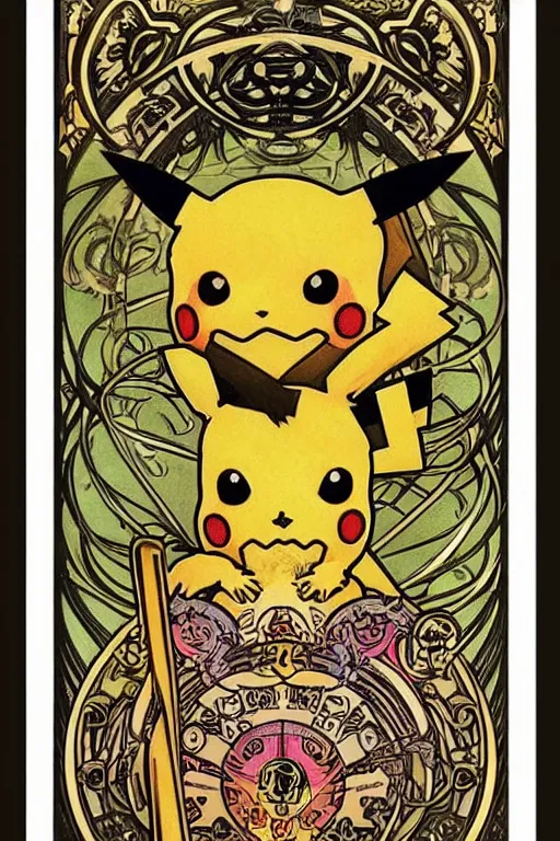 Prompt: skull of pikachu pokemon portrait in tarot style by Alphonse Mucha, detailed intricate, art nouveau