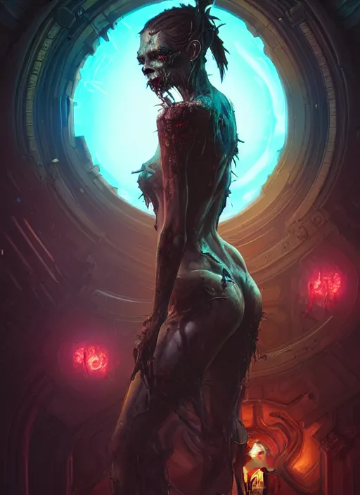 Image similar to cyberpunk zombie, deep focus, d & d, fantasy, intricate, elegant, highly detailed, digital painting, artstation, concept art, matte, sharp focus, illustration, hearthstone, art by artgerm and greg rutkowski and alphonse mucha