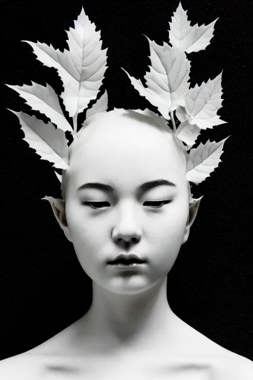 Image similar to monochrome close - up profile face black background beautiful young porcelain vegetal, dragon, cyborg, female 1 5 0 mm beautiful leaves, hyperdetailed, intricate, 8 k, low key