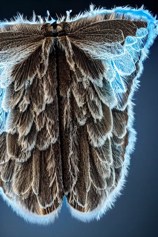Image similar to high quality close-up photo sheer furry moth! jewelled gorgeous! highly detailed david ligare elson peter cinematic blue neon lighting high quality low angle hd 8k sharp shallow depth of field