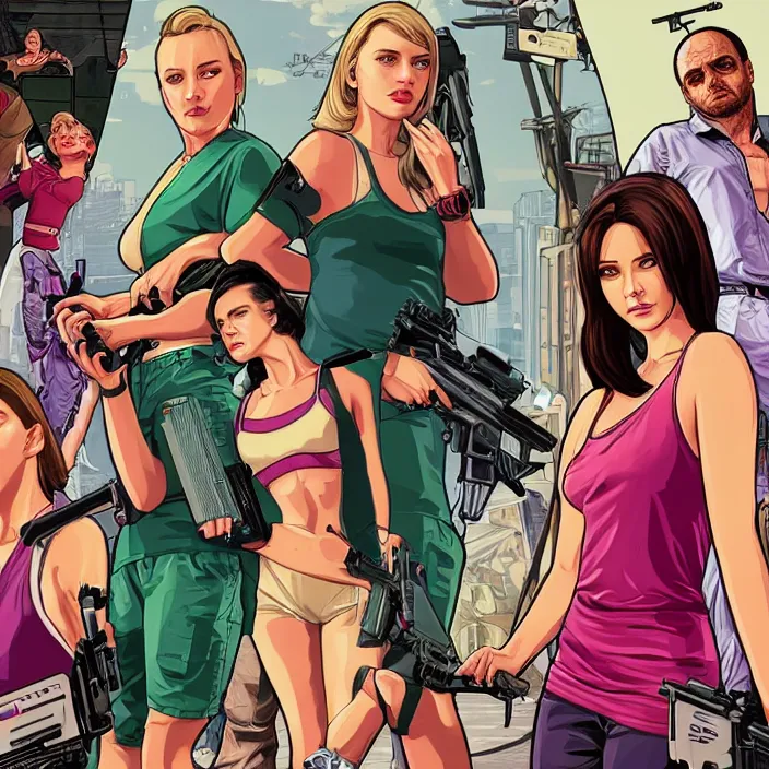 Image similar to female protagonists in gta, cover art by stephen bliss, boxart