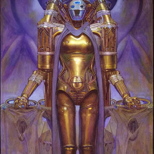 Image similar to the masked robot queen wearing the plasma crown, by Annie Swynnerton and Diego Rivera and Elihu Vedder, symbolist, dramatic lighting, elaborate geometric ornament, Art Brut, soft cool colors,smooth, sharp focus, extremely detailed, Adolf Wölfli and Donato Giancola