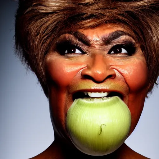 Image similar to tina turner face on a turnip, colored, dslr, photoshoot