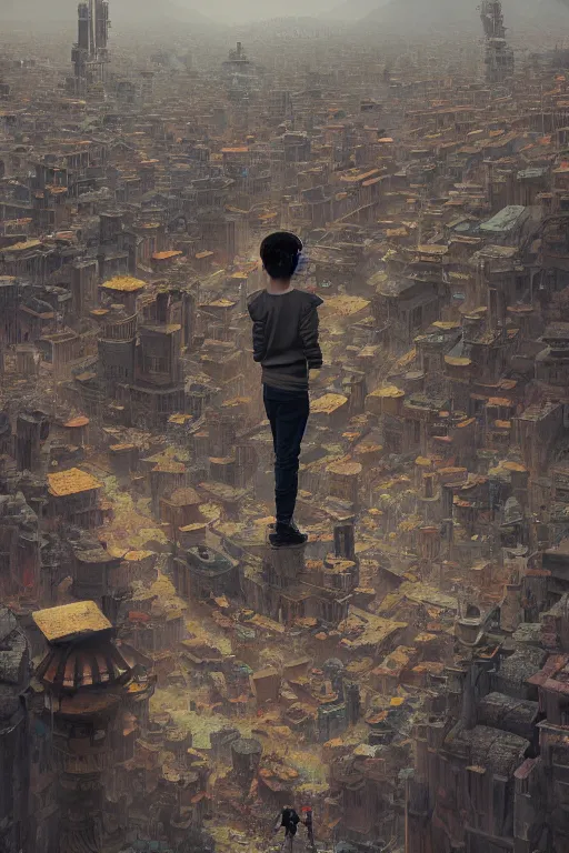 Prompt: A small person standing in the foreground of a massive michanical city by Greg Rutkowski, beeple, Sung Choi, Mitchell Mohrhauser, Maciej Kuciara, Johnson Ting, Maxim Verehin, Peter Konig, final fantasy, macro lens, 35mm, 8k photorealistic, cinematic lighting, HD, high details, dramatic, dark atmosphere, trending on artstation
