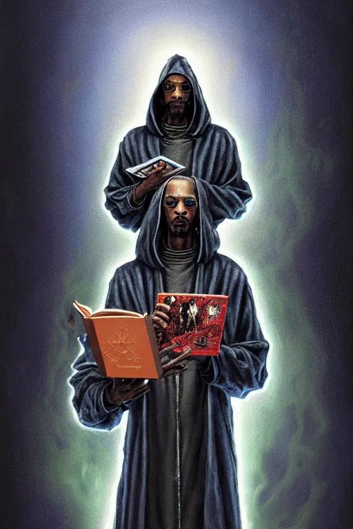 Image similar to painting of snoop dog as a cloaked tech priest holding a book, adeptus mechanicus!, cybernetic enhancements attached to his body, praise the omnissaiah, zdzislaw beksinski, lewis jones, mattias adolfsson, warhammer 4 0 k!!, cold hue's, warm tone gradient background, concept art, digital painting