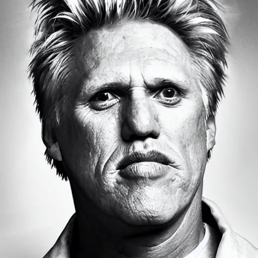 Prompt: Gary Busey symmetrical face, headshot, sad