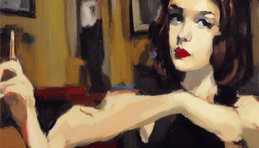 Image similar to painting by malcolm t liepke, young woman in cafe, detailed, stunning