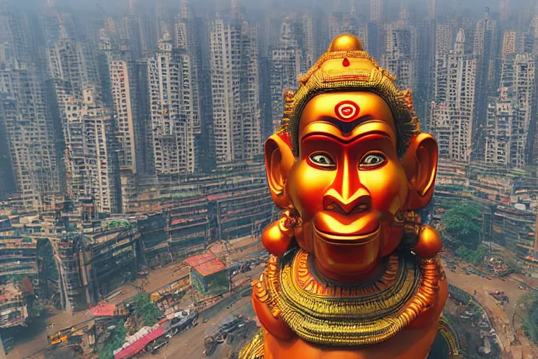 Image similar to high quality 3 d cyberpunk biomorphic hanuman head building in the middle of mumbai!!, kalighat highly detailed, cinematic smooth, stephen shore & john j. park, soft morning light, wide shot, high angle, uhd 8 k, deep focus