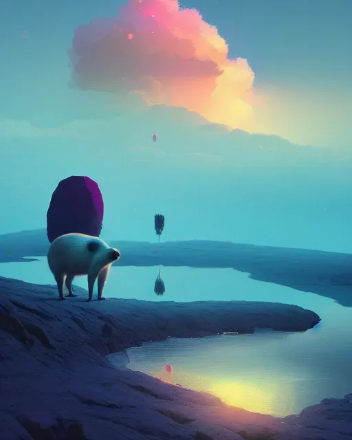 Image similar to white capybara in a non - euclidian space, surreal photography, sunrise dramatic light, impressionist painting, colorful clouds, digital painting, artstation, kilian eng, john harris, bastien lecouffe - deharme, simon stalenhag, flower face