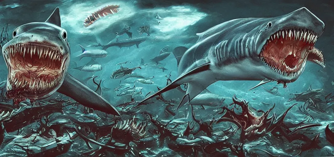 Image similar to concept art of shark attack, lovecraftian, lots of teeth, melting horror, fighting the horrors of the unknown with laser guns