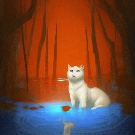 Prompt: cool illustration of a sad man and a white fluffy cat in a dark underwater tunnel, orange and blue lighting, high detail, rust, in the style of Sergeant and Bouguereau, tragic, red trees, trending on artstation, masterpiece