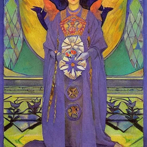 Image similar to queen of the dawn with her lantern and regalia, by Annie Swynnerton!! and Nicholas Roerich! and ((((((Diego Rivera)))))), embroidered robes, floral tattoos, bioluminescent skin!, elaborate costume, geometric ornament, symbolist, soft colors, dramatic lighting, smooth, sharp focus, extremely detailed