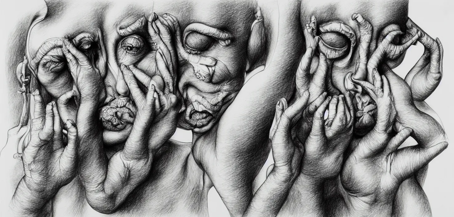 Prompt: see no evil, hear no evil, speak no evil, detailed drawing, pen and ink, monochrome, by hans bellmer