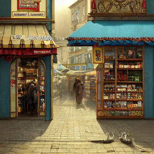 Prompt: A fantasycore of a convenience store with photograph of 2099 portugal lisbon on the street of a very highly detailed eldritch city digital rational painting art by Greg Rutkowski, a 12x(very) much detailed Dimensional cyan gold natural light, highly detailed by alphonse mucha, a 12x(very) much detailed by Eta Cru and James Gurney and Donato Giancola, composition by alphonse mucha