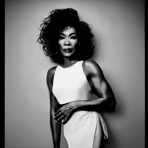 Prompt: portrait of Angela Bassett by Cecil Beaton , glamorous Hollywood style lighting, black and white, photorealistic