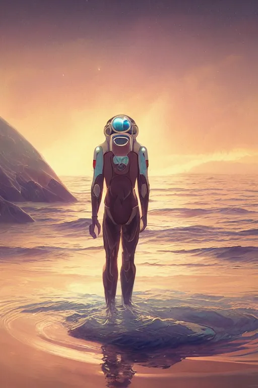 Prompt: Spaceman lost in the ocean, space themed, highly detailed, digital painting, artstation, concept art, smooth, sharp focus, illustration, art by artgerm and greg rutkowski and alphonse mucha, beeple