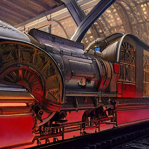 Image similar to futuristic sleek steam locomotive in red dead redemption 2 by greg rutowski, by alphonse mucha, by stanley artgerm