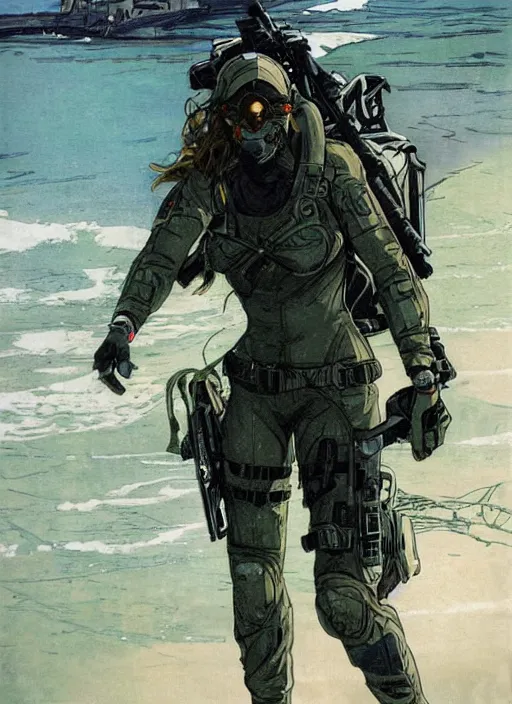 Image similar to Sonya. USN blackops operator emerging from water at the shoreline. Agent wearing Futuristic stealth suit and looking at an abandoned shipyard. rb6s, MGS, and splinter cell Concept art by James Gurney, Alphonso Mucha. Vivid color scheme.