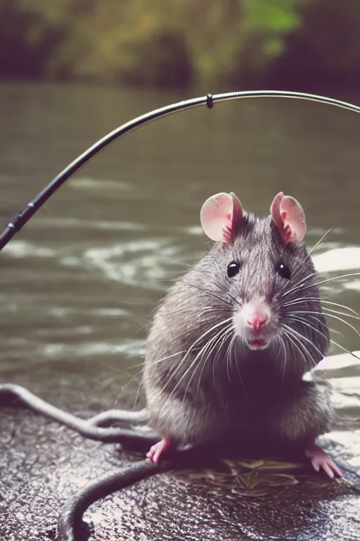 Prompt: 35mm photo of a rat holding a fishing pole at a riverbank, rat, fishing pole, water, well lit