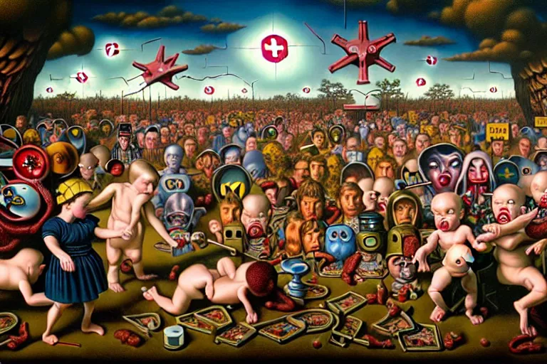 Image similar to a sparsely populated strange battle in an old hospital between old people and babies Robert Williams Mark Ryden and Alex Gross, Todd Schorr highly detailed deep perspective perfect composition